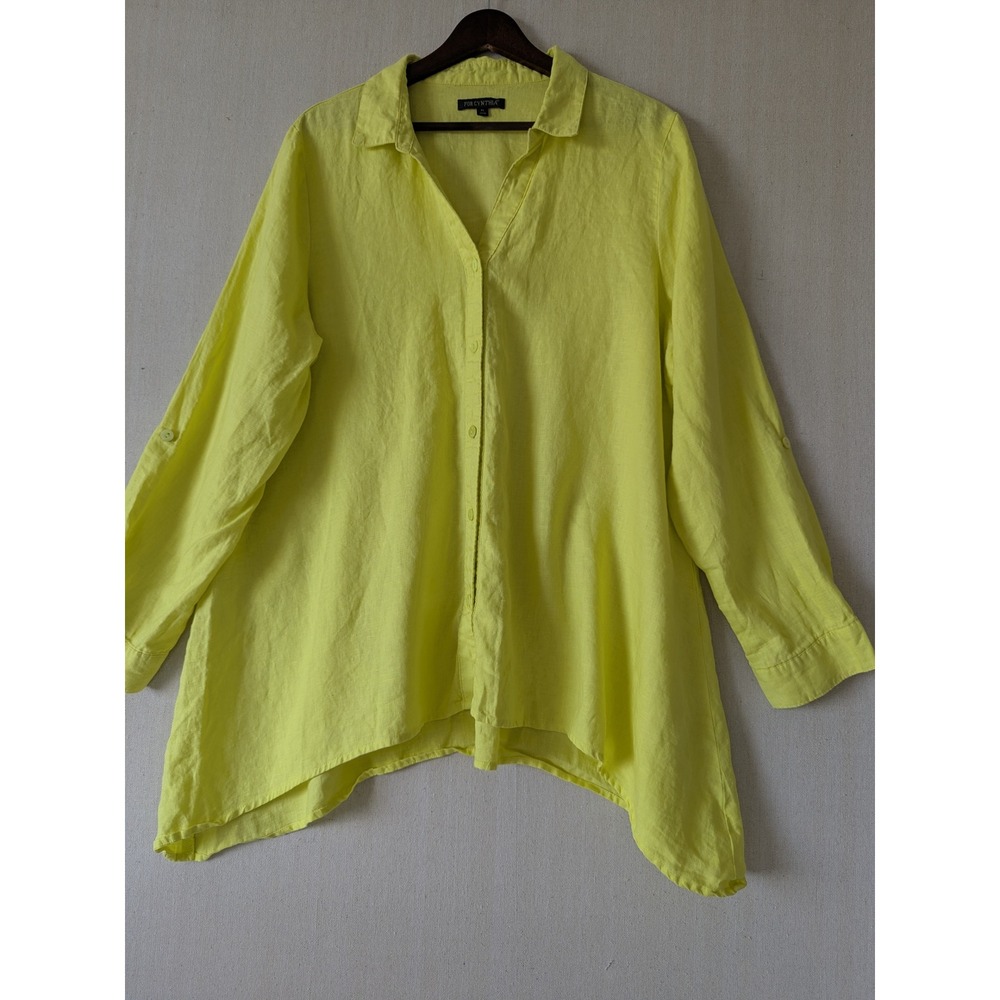 For Cynthia Linen Blouse Womens XL Neon Yellow Roll Tab Shark-bite Tunic Shirt